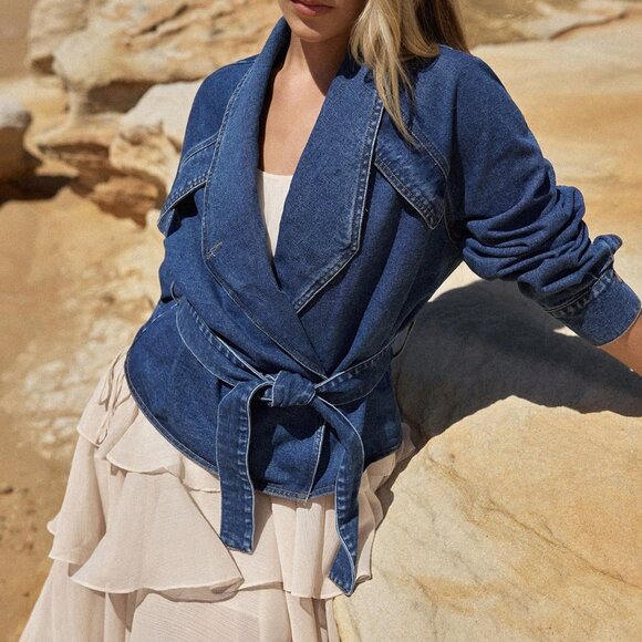 Blue Casual Women's Shawl Collar Raglan Sleeve Belted Denim Jacket - Picture 5 of 6